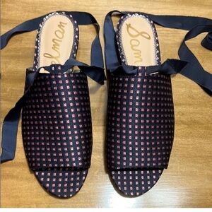 Black and Red Mules with Geometric Pattern